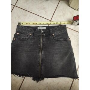 Free People We The Free Black Denim Mini Skirt Front Zip Raw Hem Size 25